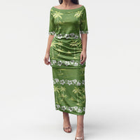 Olive Green Hawaii Palm Tree Hibiscus Puletasi Fantasy Summer Vibe LT01 Long Dress Olive - Polynesian Pride