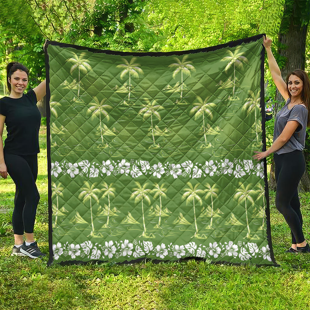 Olive Green Hawaii Palm Tree Hibiscus Quilt Fantasy Summer Vibe LT01 - Polynesian Pride