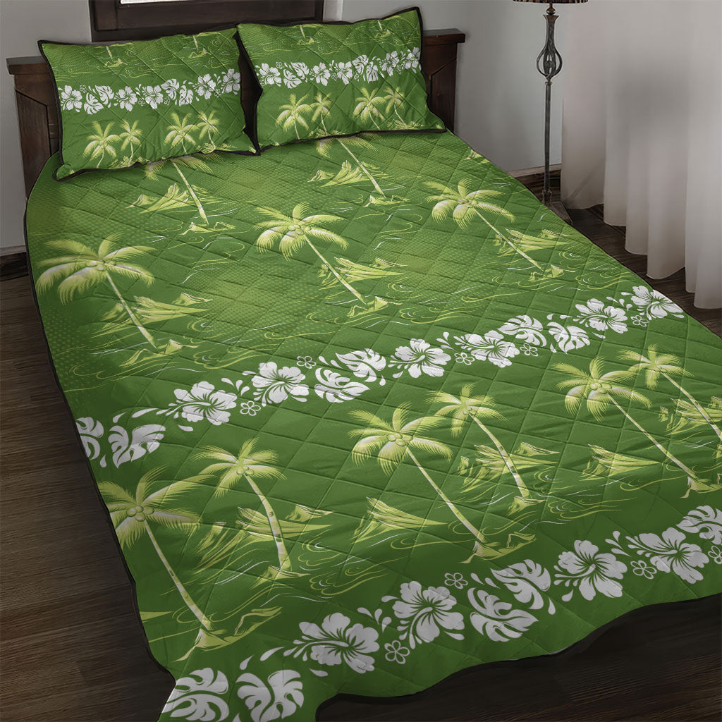 Olive Green Hawaii Palm Tree Hibiscus Quilt Bed Set Fantasy Summer Vibe