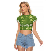 Olive Green Hawaii Palm Tree Hibiscus Raglan Cropped T Shirt Fantasy Summer Vibe LT01 Female Olive - Polynesian Pride