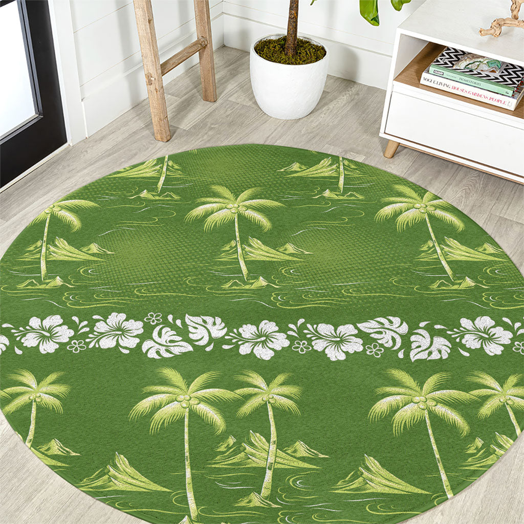 Olive Green Hawaii Palm Tree Hibiscus Round Carpet Fantasy Summer Vibe