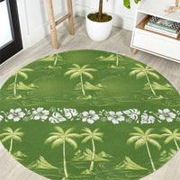 Olive Green Hawaii Palm Tree Hibiscus Round Carpet Fantasy Summer Vibe
