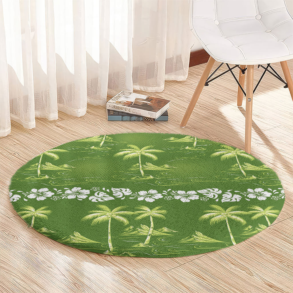 Olive Green Hawaii Palm Tree Hibiscus Round Carpet Fantasy Summer Vibe