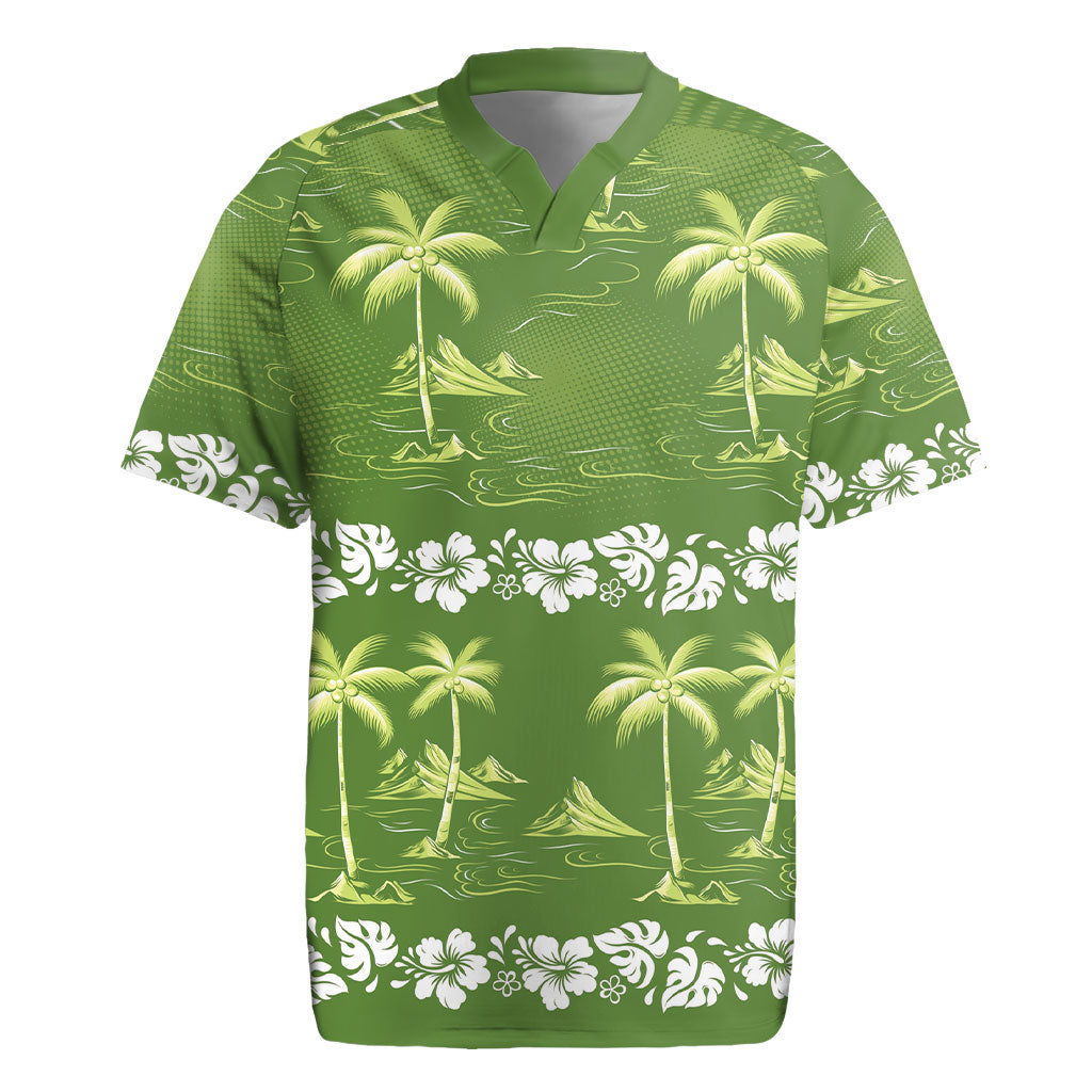 Olive Green Hawaii Palm Tree Hibiscus Rugby Jersey Fantasy Summer Vibe