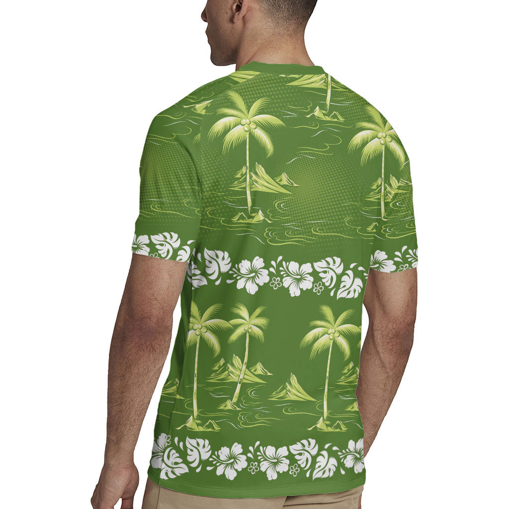 Olive Green Hawaii Palm Tree Hibiscus Rugby Jersey Fantasy Summer Vibe