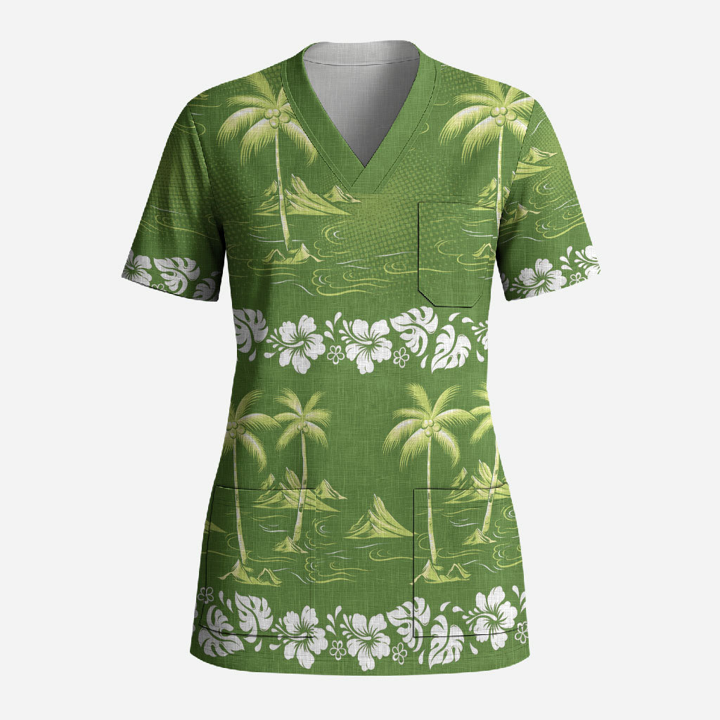 Olive Green Hawaii Palm Tree Hibiscus Scrub Top Fantasy Summer Vibe LT01 Adult Olive - Polynesian Pride