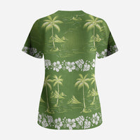 Olive Green Hawaii Palm Tree Hibiscus Scrub Top Fantasy Summer Vibe LT01 - Polynesian Pride