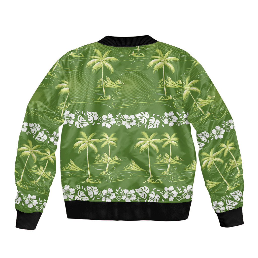 Olive Green Hawaii Palm Tree Hibiscus Sleeve Zip Bomber Jacket Fantasy Summer Vibe