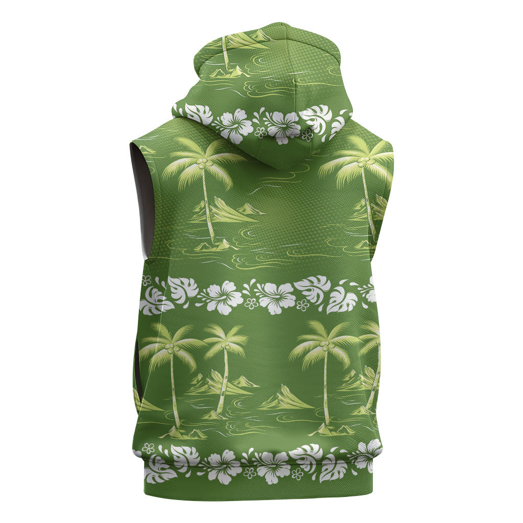 Olive Green Hawaii Palm Tree Hibiscus Sleeveless Hoodie Fantasy Summer Vibe