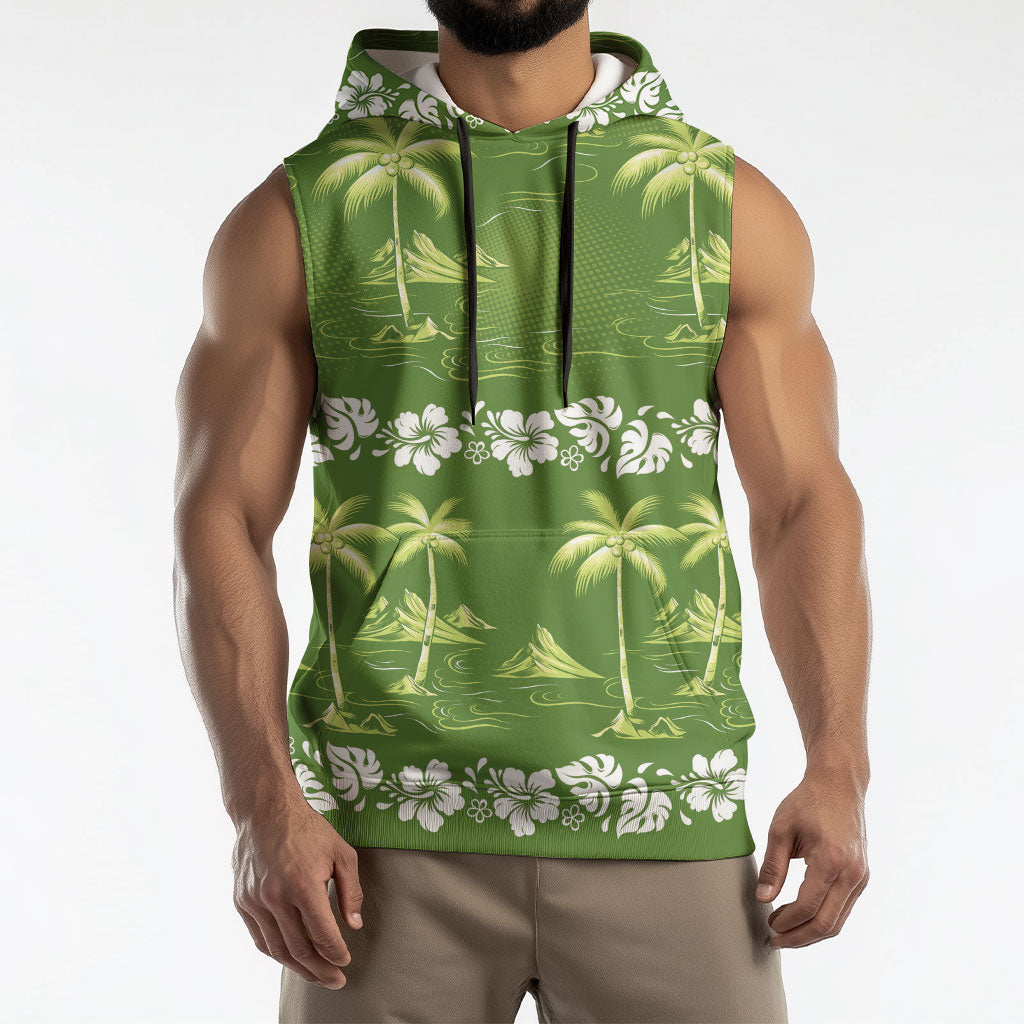 Olive Green Hawaii Palm Tree Hibiscus Sleeveless Hoodie Fantasy Summer Vibe