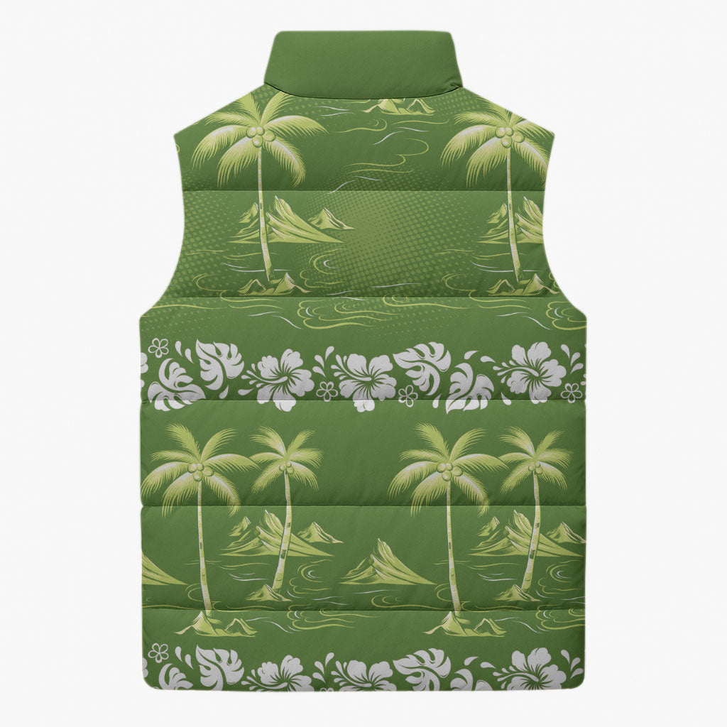 Olive Green Hawaii Palm Tree Hibiscus Sleeveless Puffer Jacket Fantasy Summer Vibe LT01 - Polynesian Pride