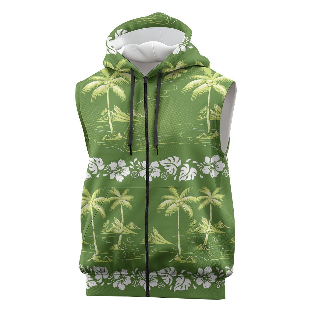 Olive Green Hawaii Palm Tree Hibiscus Sleeveless Zip Hoodie Fantasy Summer Vibe
