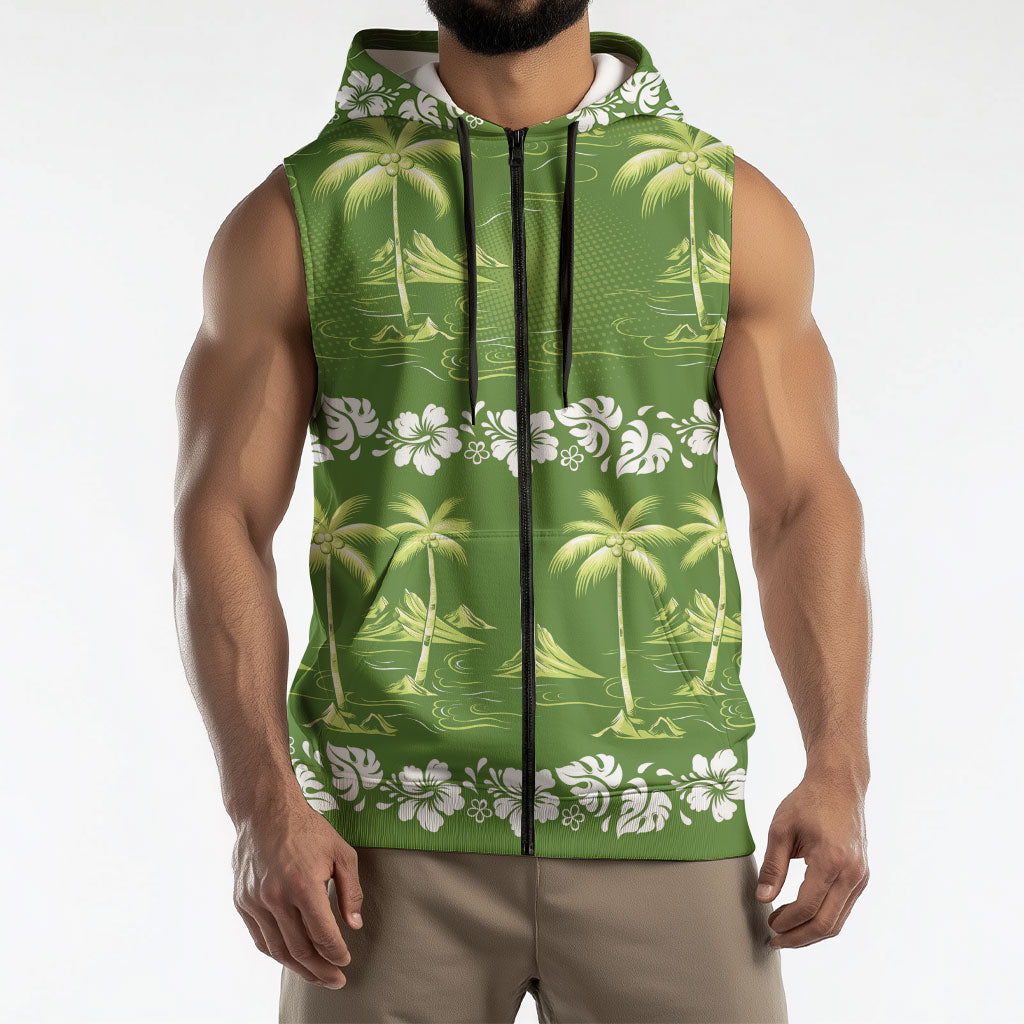 Olive Green Hawaii Palm Tree Hibiscus Sleeveless Zip Hoodie Fantasy Summer Vibe LT01 - Polynesian Pride