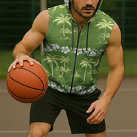 Olive Green Hawaii Palm Tree Hibiscus Sleeveless Zip Hoodie Fantasy Summer Vibe LT01 - Polynesian Pride