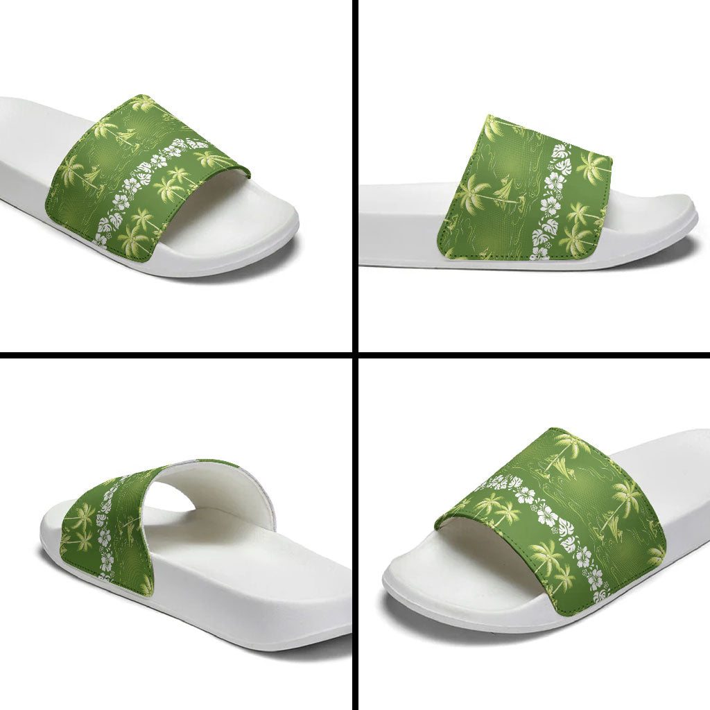 Olive Green Hawaii Palm Tree Hibiscus Slide Sandals Fantasy Summer Vibe LT01 - Polynesian Pride