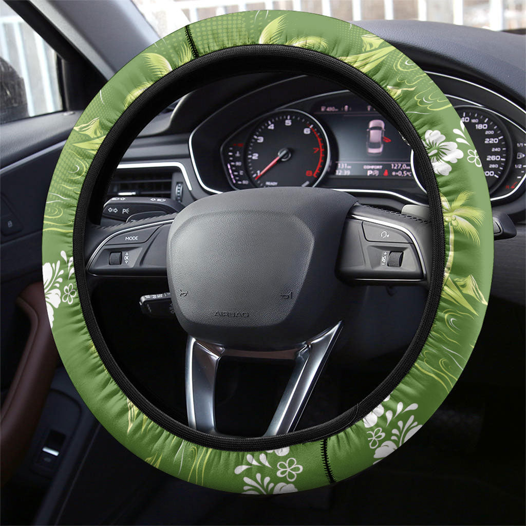 Olive Green Hawaii Palm Tree Hibiscus Steering Wheel Cover Fantasy Summer Vibe LT01 - Polynesian Pride