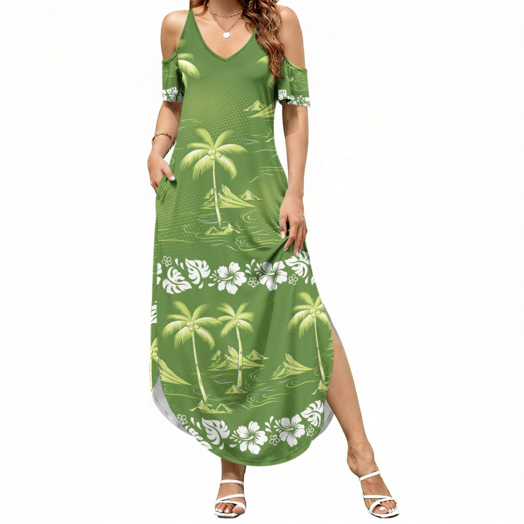 Olive Green Hawaii Palm Tree Hibiscus Summer Maxi Dress Fantasy Summer Vibe