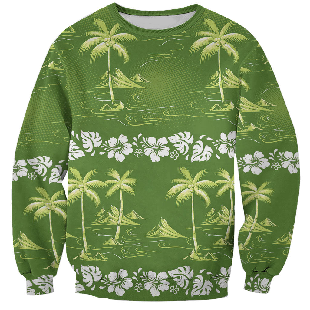 Olive Green Hawaii Palm Tree Hibiscus Sweatshirt Fantasy Summer Vibe LT01 Unisex Olive - Polynesian Pride