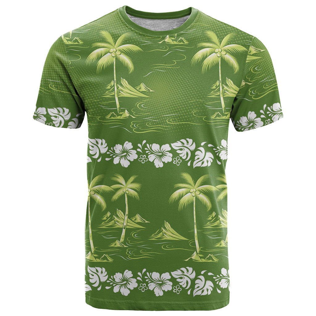 Olive Green Hawaii Palm Tree Hibiscus T Shirt Fantasy Summer Vibe LT01 Olive - Polynesian Pride