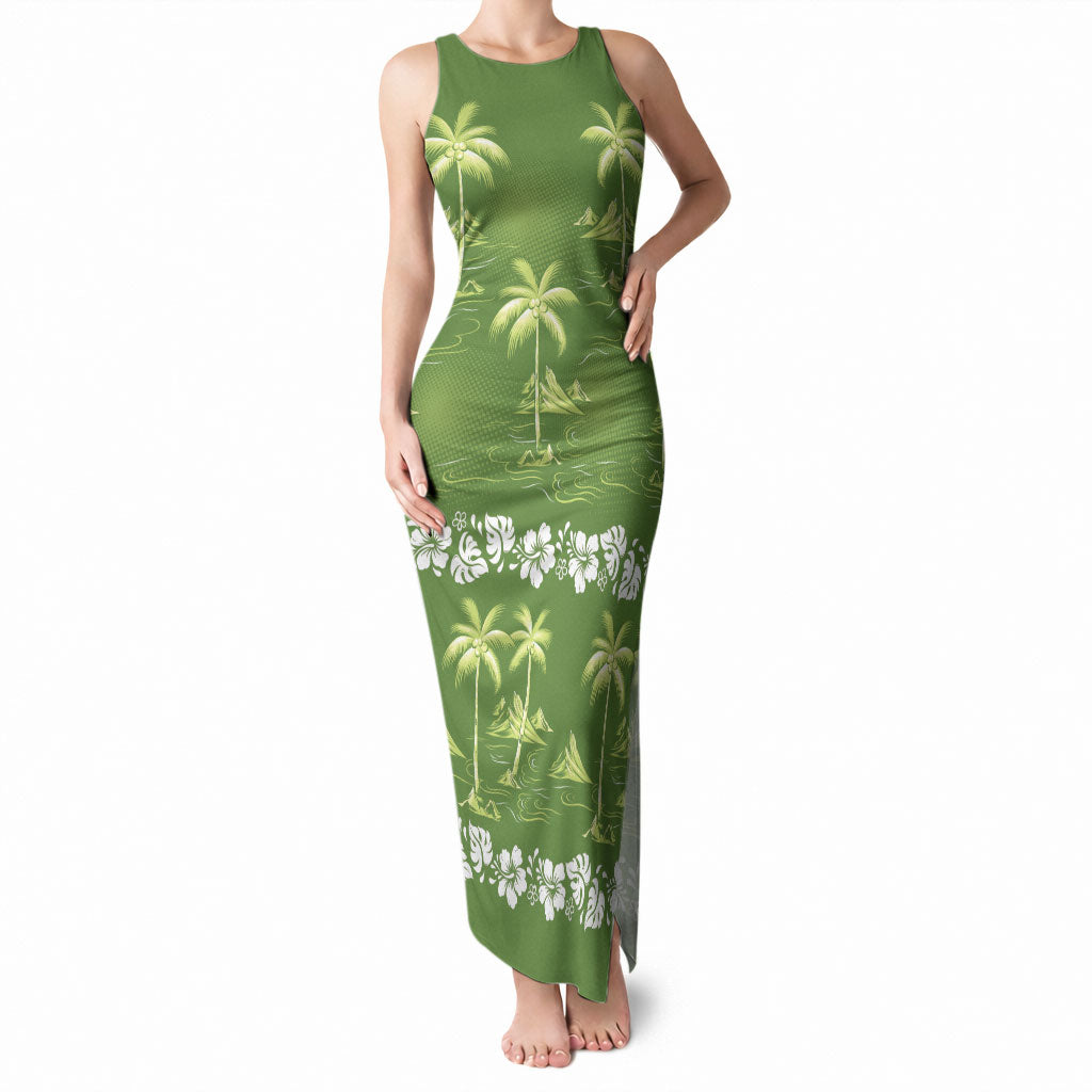 Olive Green Hawaii Palm Tree Hibiscus Tank Maxi Dress Fantasy Summer Vibe