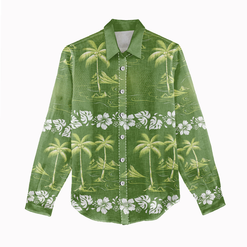 Olive Green Hawaii Palm Tree Hibiscus Women Casual Shirt Fantasy Summer Vibe LT01 - Polynesian Pride