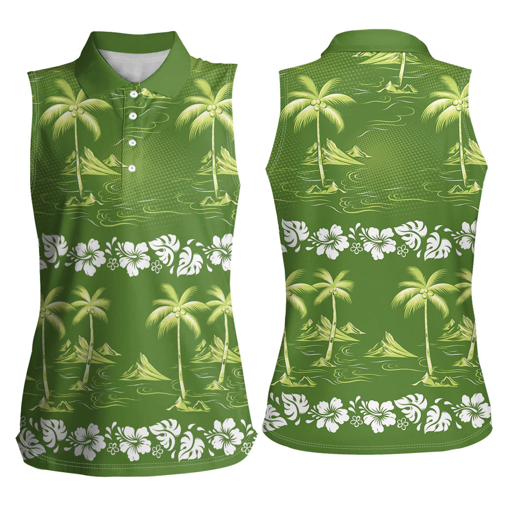 Olive Green Hawaii Palm Tree Hibiscus Women Sleeveless Polo Shirt Fantasy Summer Vibe LT01 - Polynesian Pride