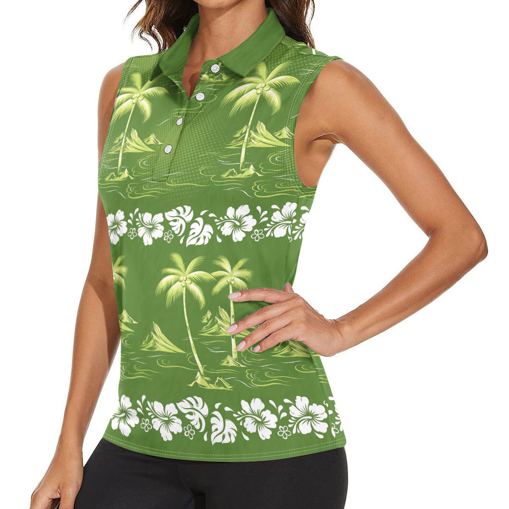 Olive Green Hawaii Palm Tree Hibiscus Women Sleeveless Polo Shirt Fantasy Summer Vibe LT01 - Polynesian Pride