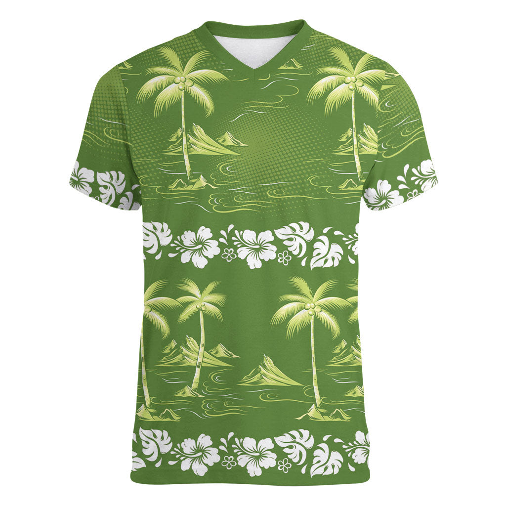 Olive Green Hawaii Palm Tree Hibiscus Women V-Neck T-Shirt Fantasy Summer Vibe LT01 Female Olive - Polynesian Pride