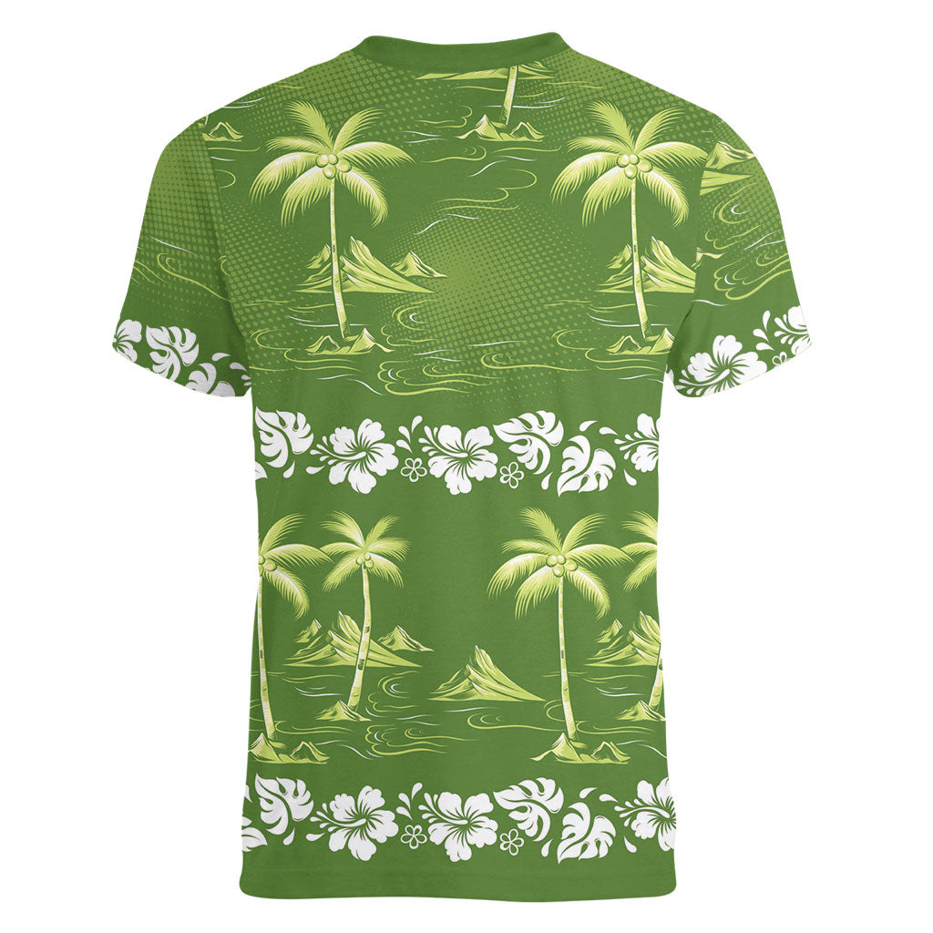 Olive Green Hawaii Palm Tree Hibiscus Women V-Neck T-Shirt Fantasy Summer Vibe LT01 - Polynesian Pride