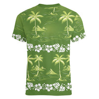 Olive Green Hawaii Palm Tree Hibiscus Women V-Neck T-Shirt Fantasy Summer Vibe LT01 - Polynesian Pride
