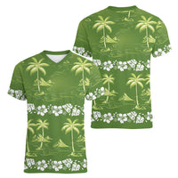 Olive Green Hawaii Palm Tree Hibiscus Women V-Neck T-Shirt Fantasy Summer Vibe LT01 - Polynesian Pride