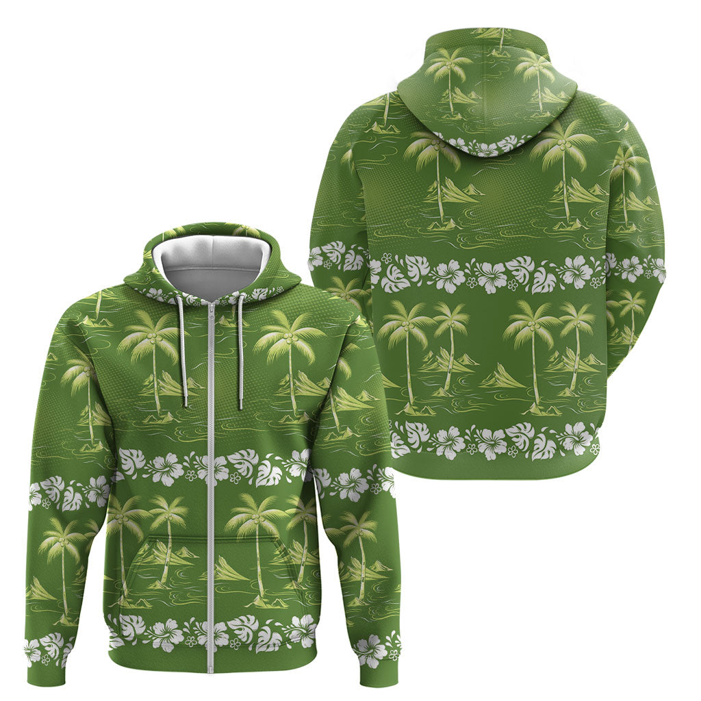 Olive Green Hawaii Palm Tree Hibiscus Zip Hoodie Fantasy Summer Vibe LT01 - Polynesian Pride