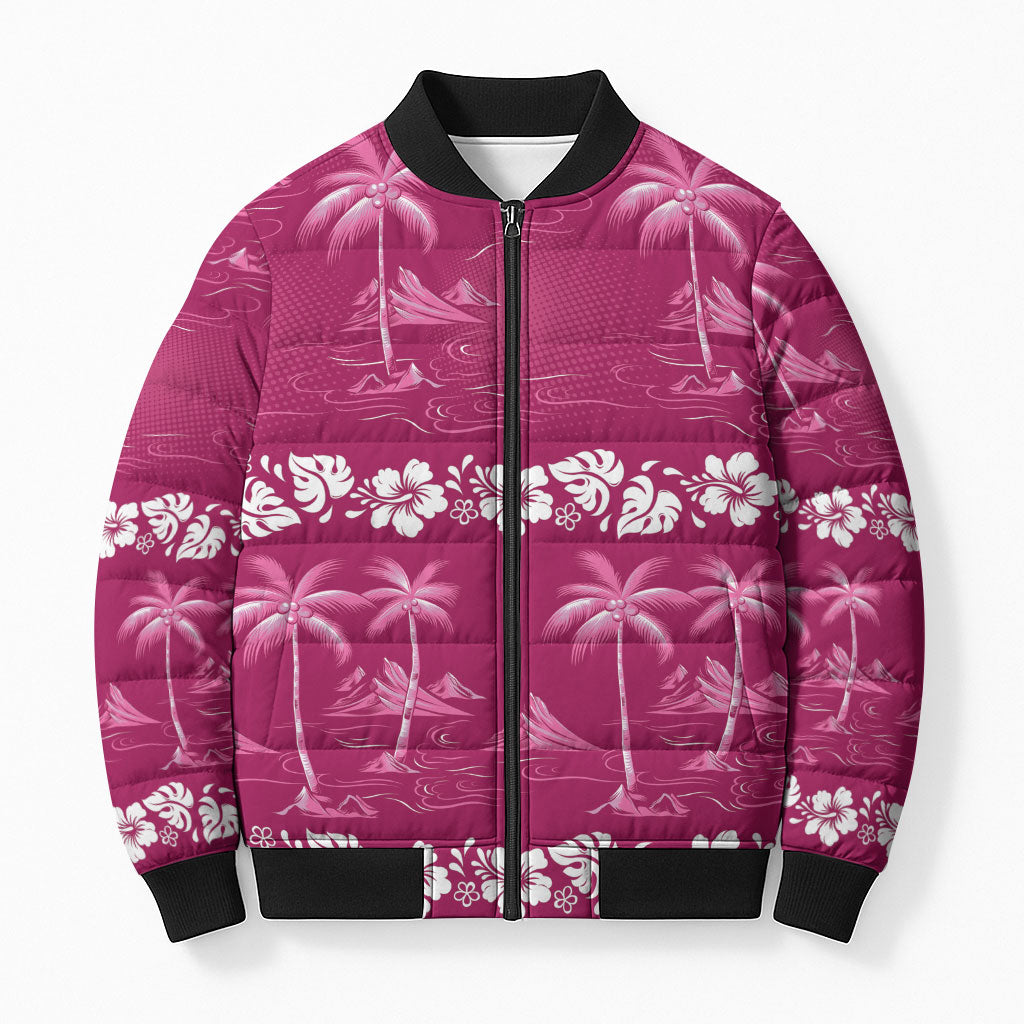Pink Hawaii Palm Tree Hibiscus Bomber Puffer Jacket Fantasy Summer Vibe