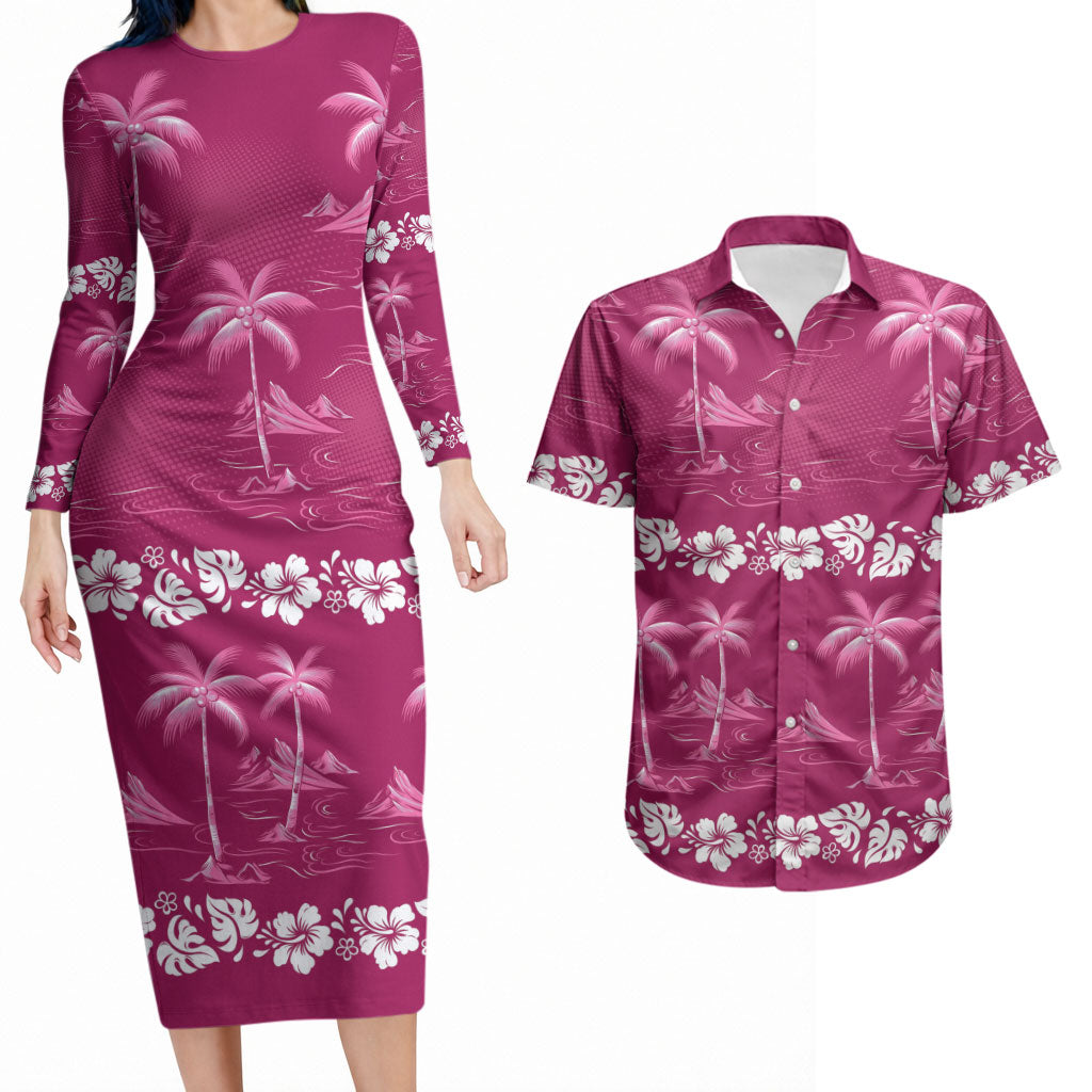 Pink Hawaii Palm Tree Hibiscus Couples Matching Long Sleeve Bodycon Dress and Hawaiian Shirt Fantasy Summer Vibe LT01 Pink - Polynesian Pride