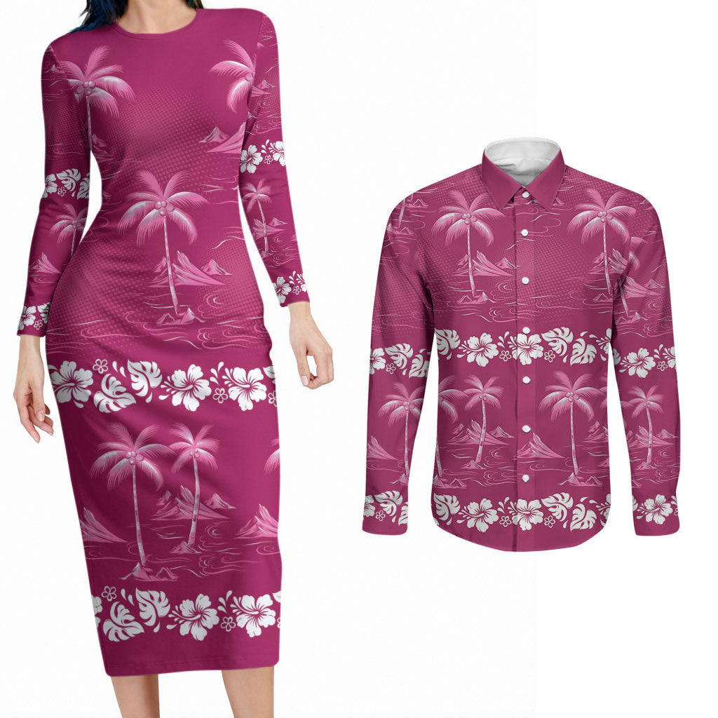 Pink Hawaii Palm Tree Hibiscus Couples Matching Long Sleeve Bodycon Dress and Long Sleeve Button Shirt Fantasy Summer Vibe