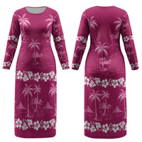 Pink Hawaii Palm Tree Hibiscus Couples Matching Long Sleeve Bodycon Dress and Long Sleeve Button Shirt Fantasy Summer Vibe LT01 - Polynesian Pride