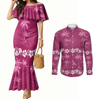 Pink Hawaii Palm Tree Hibiscus Couples Matching Mermaid Dress and Long Sleeve Button Shirt Fantasy Summer Vibe