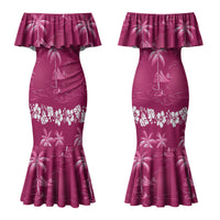 Pink Hawaii Palm Tree Hibiscus Couples Matching Mermaid Dress and Long Sleeve Button Shirt Fantasy Summer Vibe