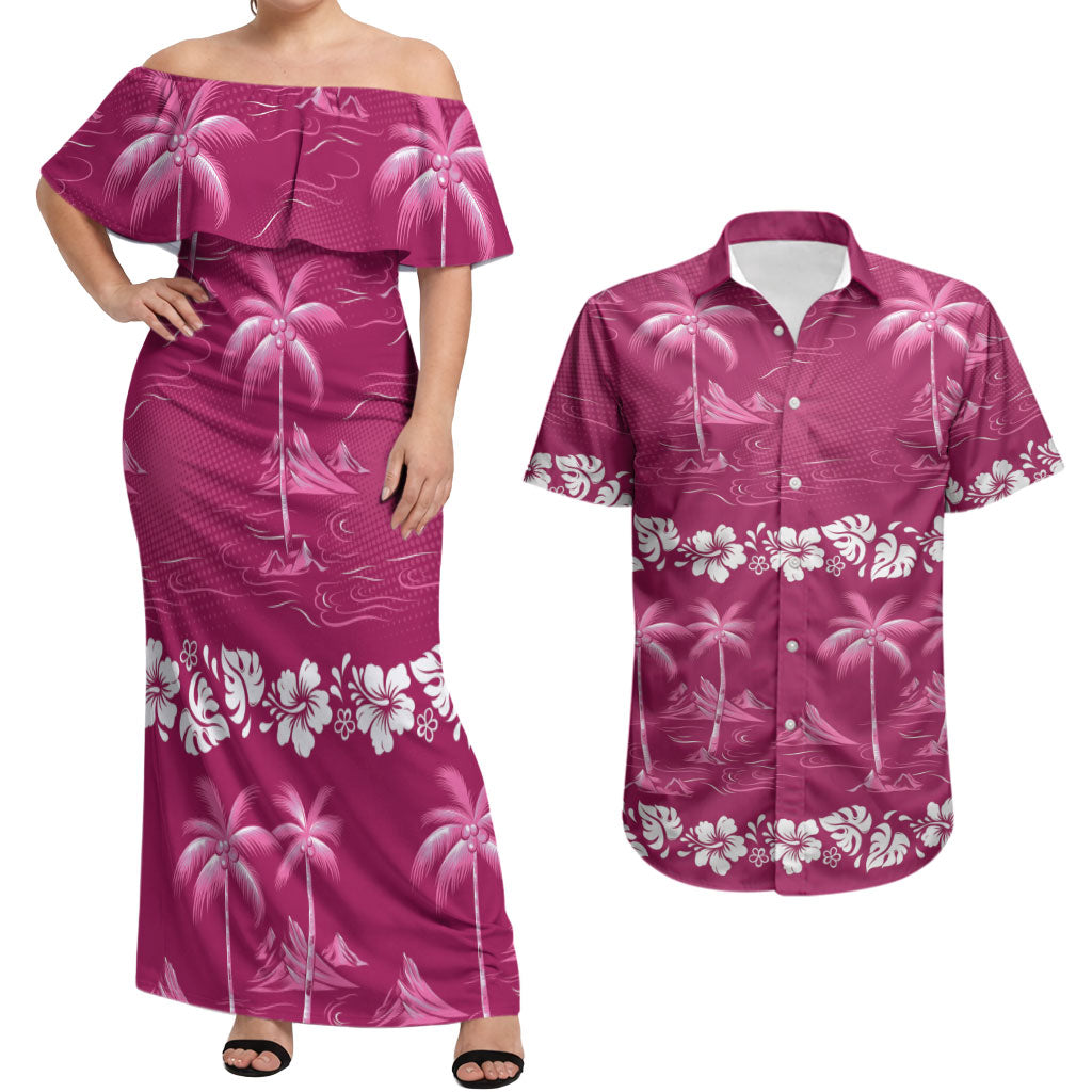 Pink Hawaii Palm Tree Hibiscus Couples Matching Off Shoulder Maxi Dress and Hawaiian Shirt Fantasy Summer Vibe LT01 Pink - Polynesian Pride