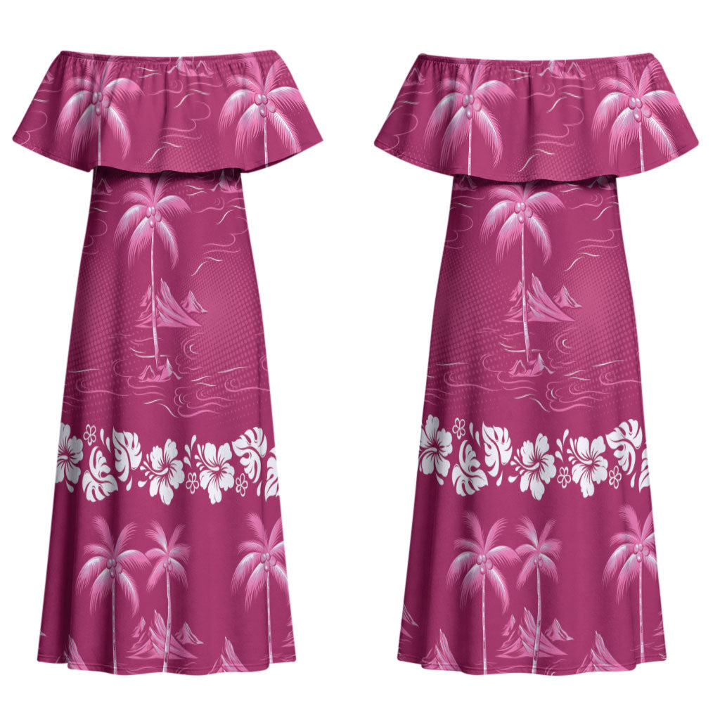 Pink Hawaii Palm Tree Hibiscus Couples Matching Off Shoulder Maxi Dress and Hawaiian Shirt Fantasy Summer Vibe LT01 - Polynesian Pride