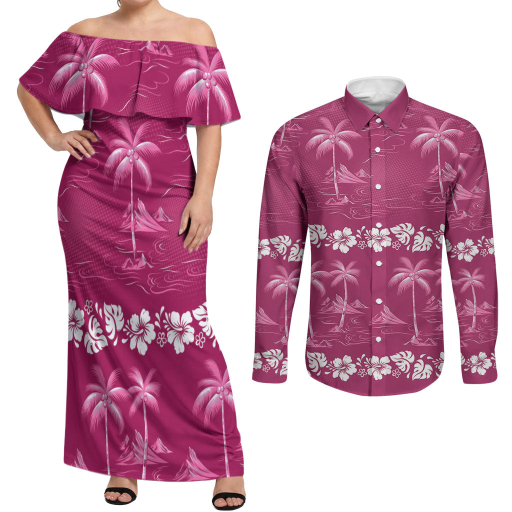 Pink Hawaii Palm Tree Hibiscus Couples Matching Off Shoulder Maxi Dress and Long Sleeve Button Shirt Fantasy Summer Vibe