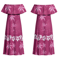 Pink Hawaii Palm Tree Hibiscus Couples Matching Off Shoulder Maxi Dress and Long Sleeve Button Shirt Fantasy Summer Vibe