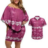 Pink Hawaii Palm Tree Hibiscus Couples Matching Off Shoulder Short Dress and Hawaiian Shirt Fantasy Summer Vibe LT01 Pink - Polynesian Pride