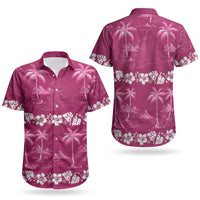 Pink Hawaii Palm Tree Hibiscus Couples Matching Off Shoulder Short Dress and Hawaiian Shirt Fantasy Summer Vibe LT01 - Polynesian Pride