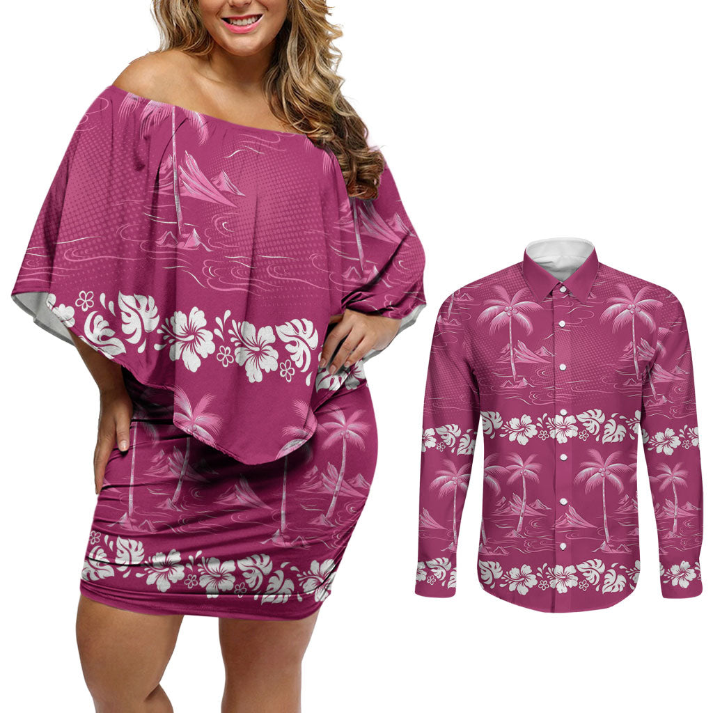 Pink Hawaii Palm Tree Hibiscus Couples Matching Off Shoulder Short Dress and Long Sleeve Button Shirt Fantasy Summer Vibe