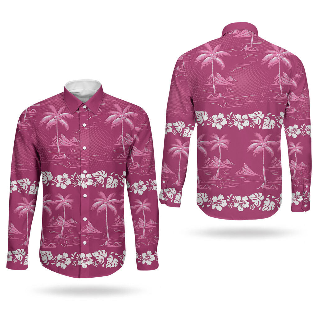 Pink Hawaii Palm Tree Hibiscus Couples Matching Off Shoulder Short Dress and Long Sleeve Button Shirt Fantasy Summer Vibe
