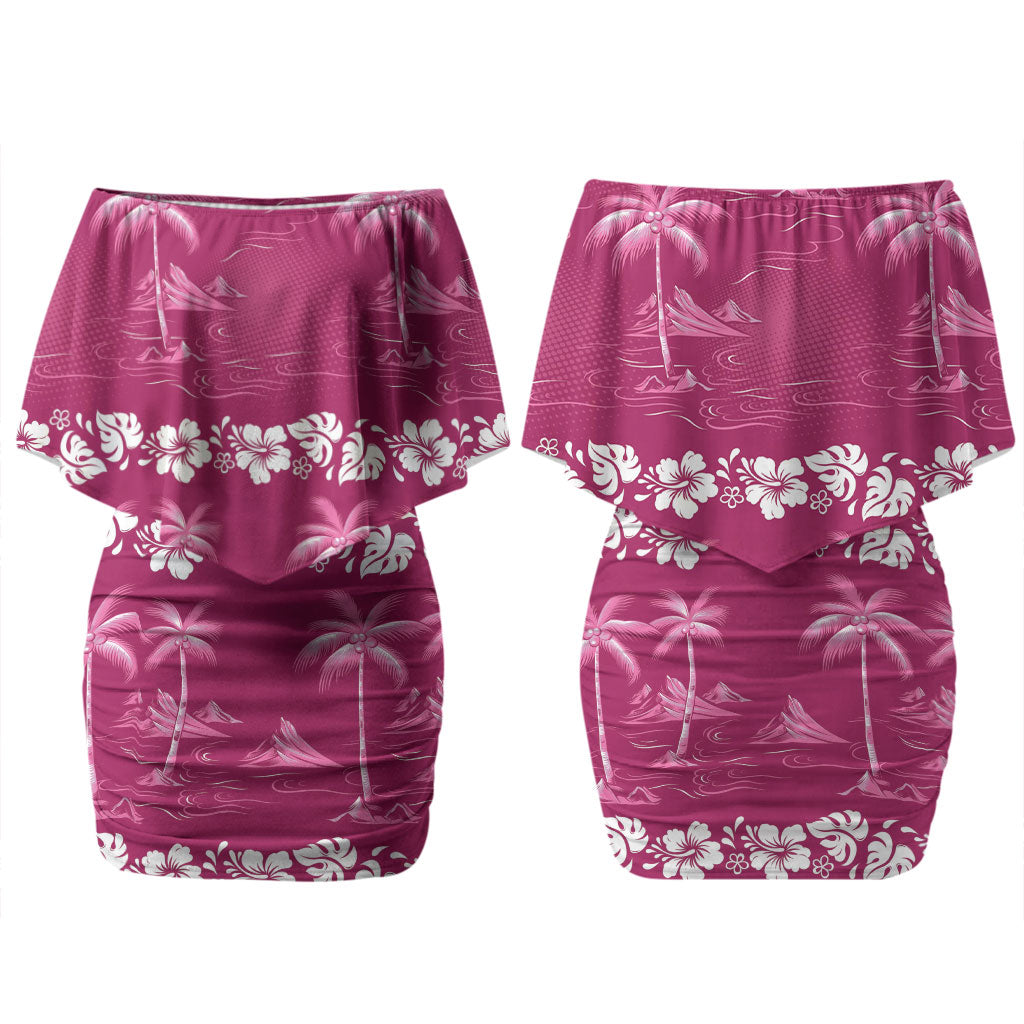 Pink Hawaii Palm Tree Hibiscus Couples Matching Off Shoulder Short Dress and Long Sleeve Button Shirt Fantasy Summer Vibe