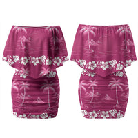 Pink Hawaii Palm Tree Hibiscus Couples Matching Off Shoulder Short Dress and Long Sleeve Button Shirt Fantasy Summer Vibe