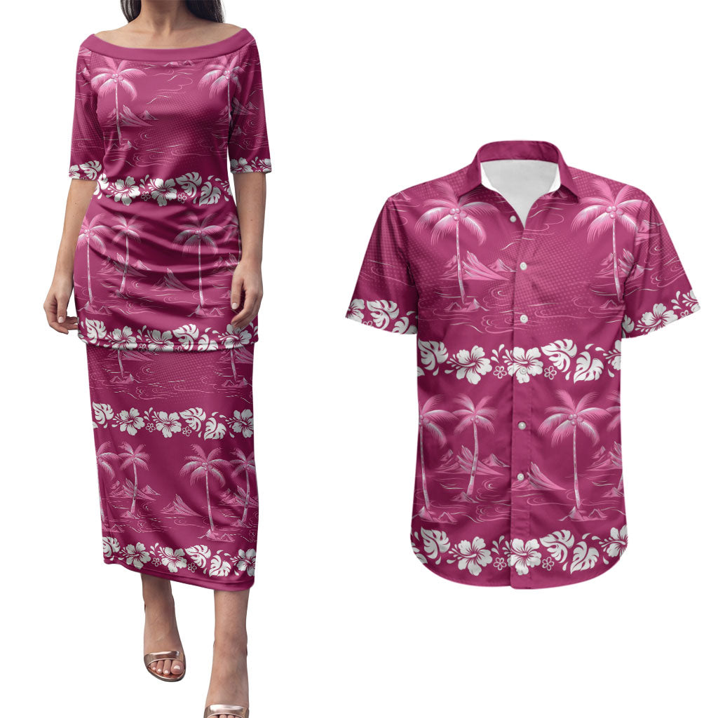 Pink Hawaii Palm Tree Hibiscus Couples Matching Puletasi and Hawaiian Shirt Fantasy Summer Vibe LT01 Pink - Polynesian Pride