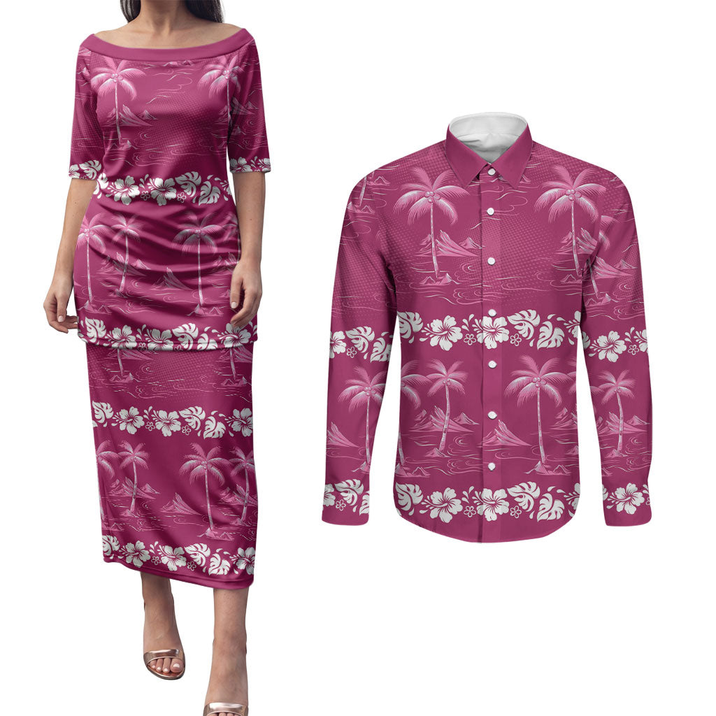 Pink Hawaii Palm Tree Hibiscus Couples Matching Puletasi and Long Sleeve Button Shirt Fantasy Summer Vibe LT01 Pink - Polynesian Pride